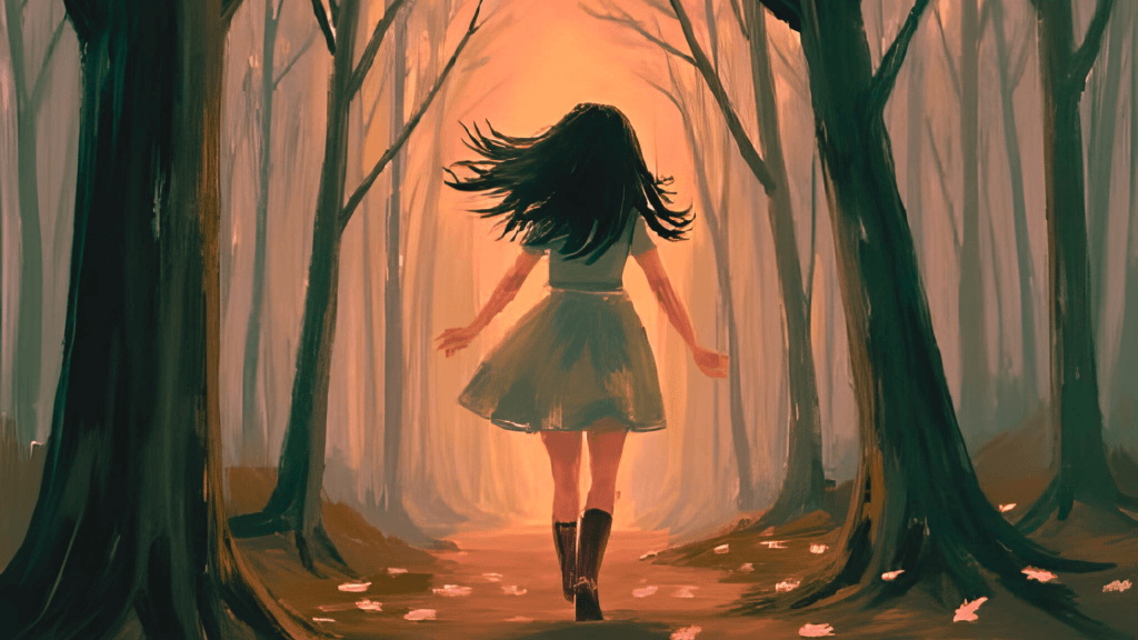 "Charlotte sees a ghost in the mirror at dusk in a haunted forest"