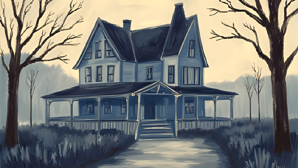 Abandoned Victorian-style house painted navy blue and white, weathered by time