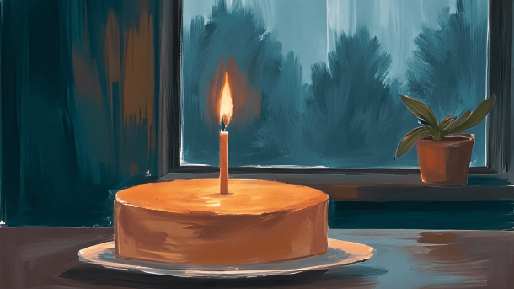 A classic cheesecake on a wooden table, with raindrops gently streaking the window behind it - evoking quiet nostalgia and warmth.
