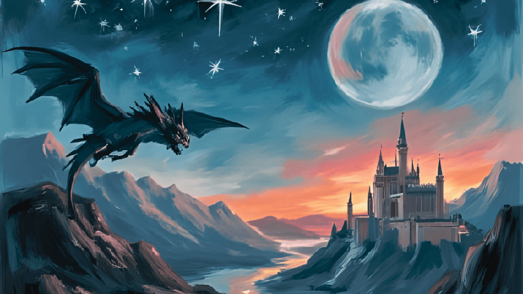 AI artwork of a dragon and castle – fantasy aesthetic for readers who love Fourth Wing and romantasy books
