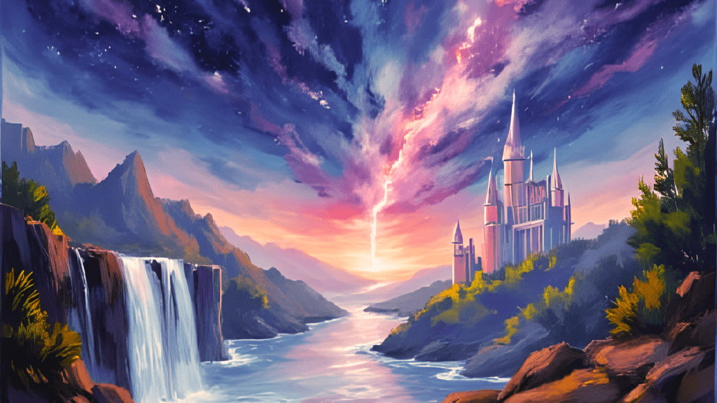 Majestic fantasy castle perched on a cliffside with a cascading waterfall, surrounded by mist and lush greenery – evokes a magical, otherworldly realm.
