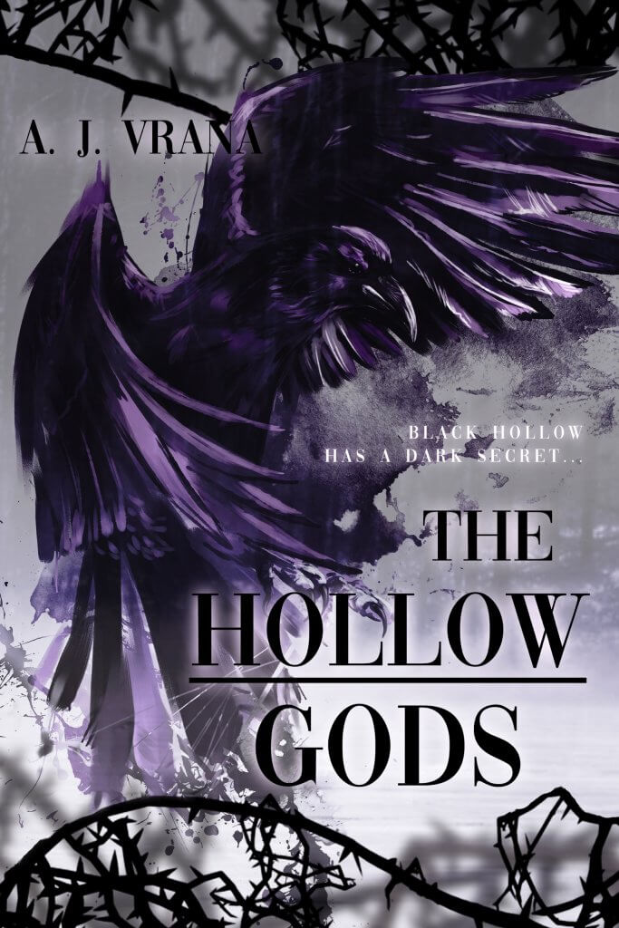 Book cover of The Hollow Gods by A.J. Vrana, psychological horror meets cursed town.