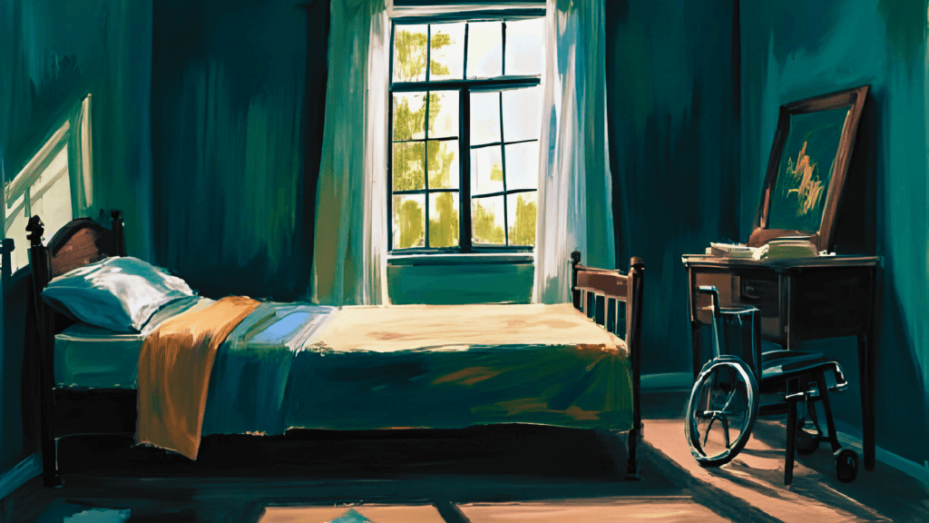 An empty wheelchair in a quiet room — grief poetry blog post about losing a father.